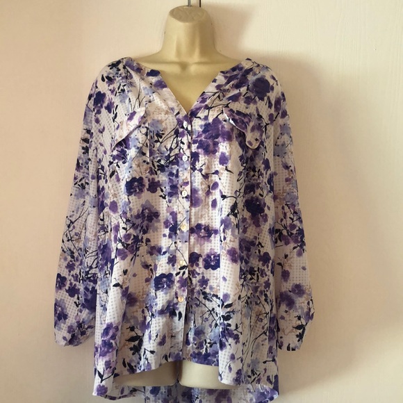 Women’s dainty Coral Bay violet lilac fall cuff sleeve floral blouse - Picture 3 of 12